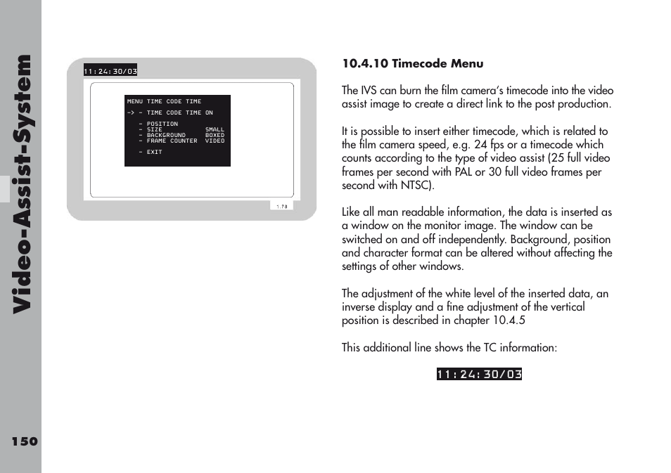 10 timecode menu, Video-a ss is t-sy stem | ARRI ARRIFLEX 416 User Manual | Page 150 / 240