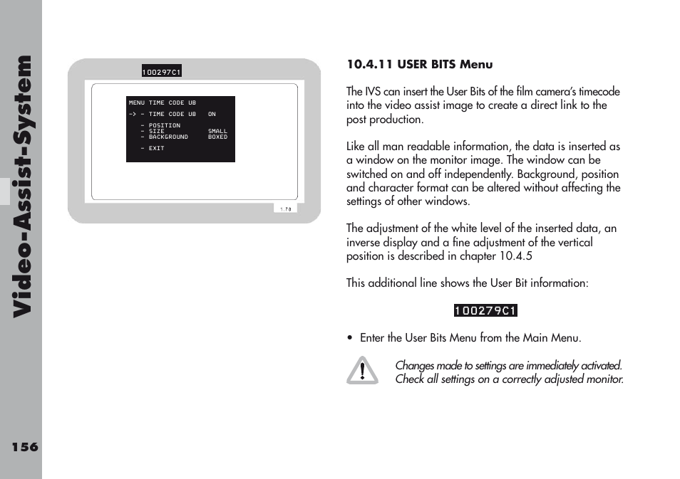 11 user bits menu, Video-a ss is t-sy stem | ARRI ARRIFLEX 416 User Manual | Page 156 / 240