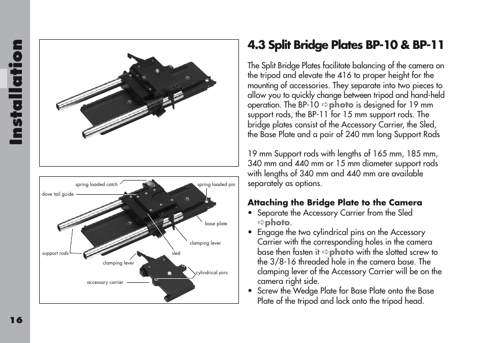 3 split bridge plates bp-10 & bp-11, Attaching the bridge plate to the camera | ARRI ARRIFLEX 416 User Manual | Page 16 / 240