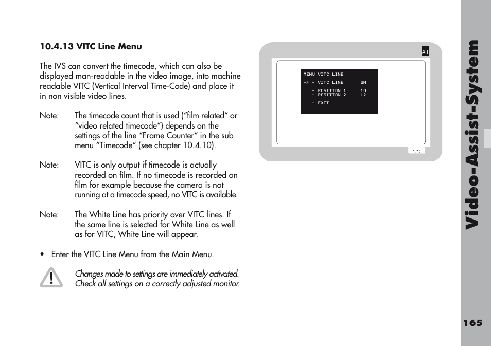 13 vitc line menu, Video-a ss is t-sy stem | ARRI ARRIFLEX 416 User Manual | Page 165 / 240