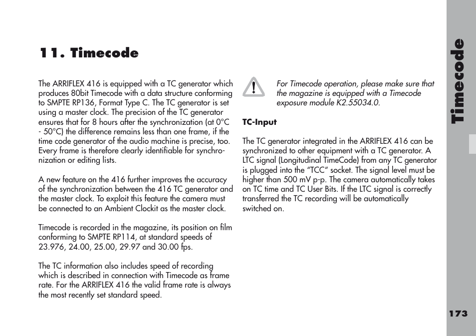 Timecode, Tc-input, timecode | ARRI ARRIFLEX 416 User Manual | Page 173 / 240