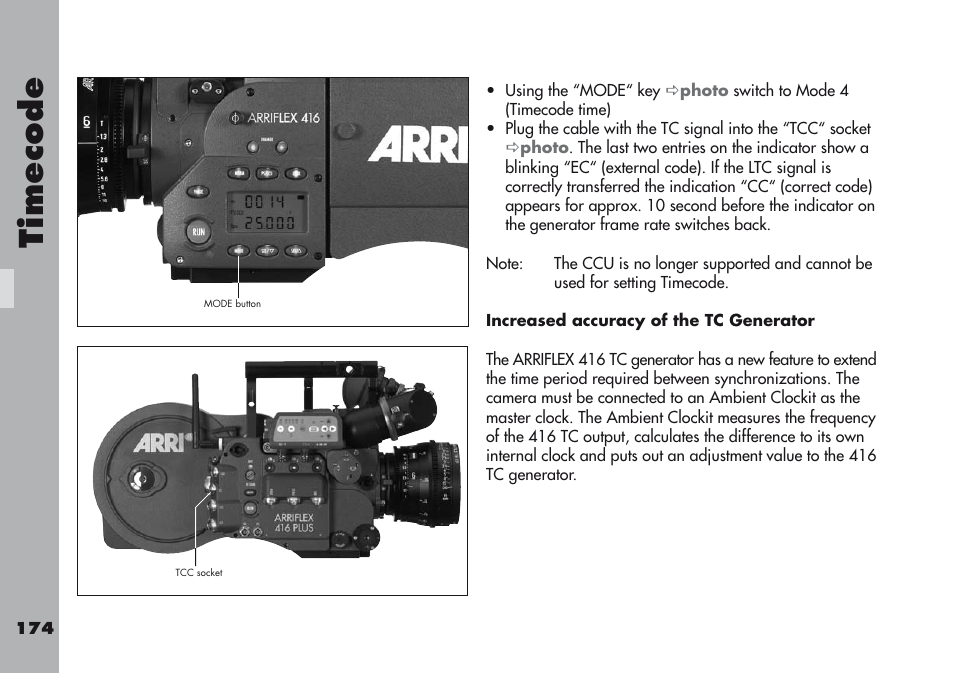 Increased accuracy of the tc generator, Timecode | ARRI ARRIFLEX 416 User Manual | Page 174 / 240