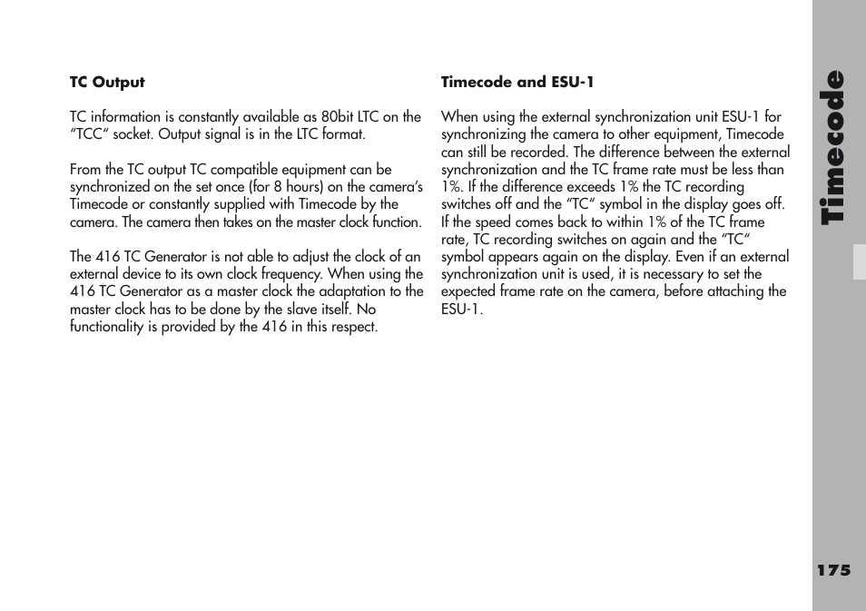 Tc output, Timecode and esu-1, Timecode | ARRI ARRIFLEX 416 User Manual | Page 175 / 240