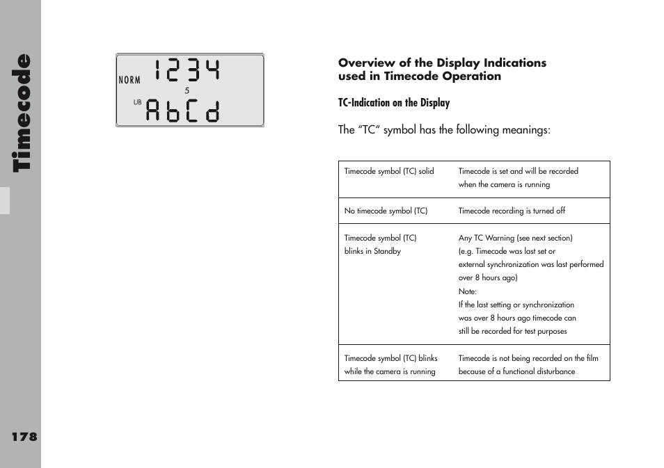 Timecode | ARRI ARRIFLEX 416 User Manual | Page 178 / 240