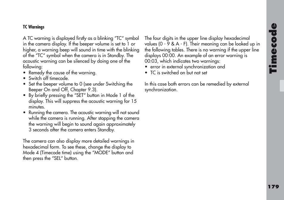 Timecode | ARRI ARRIFLEX 416 User Manual | Page 179 / 240