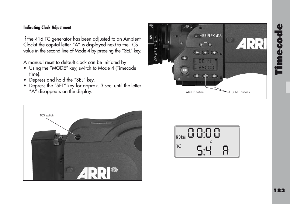 Timecode | ARRI ARRIFLEX 416 User Manual | Page 183 / 240