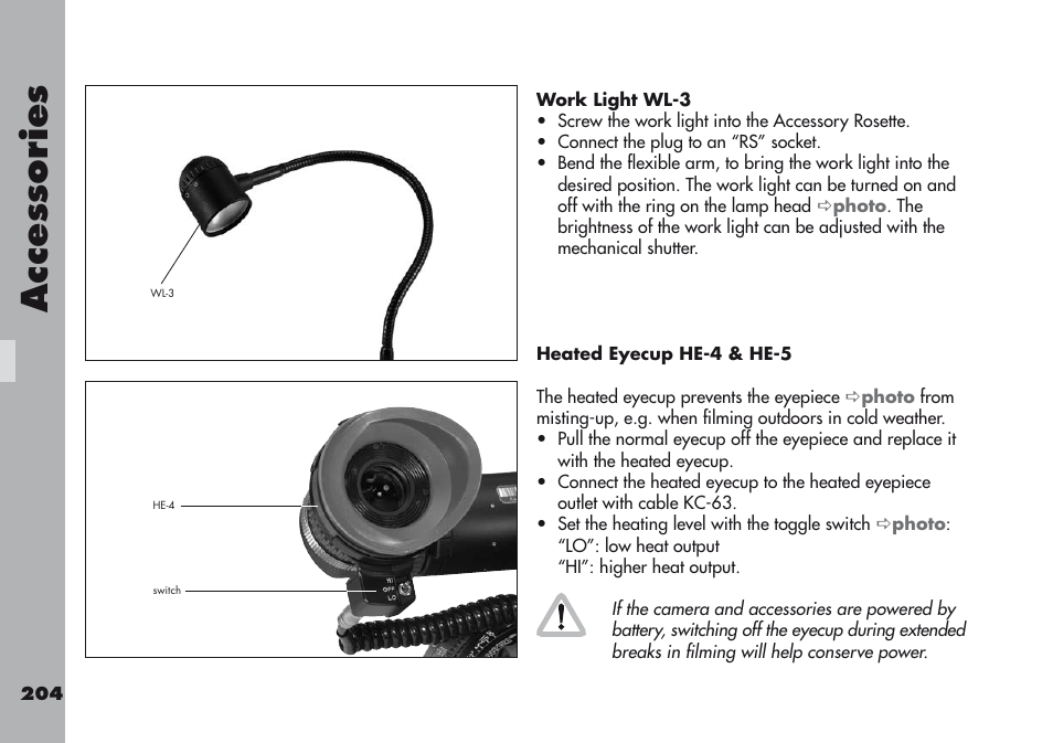 Work light wl-3, Heated eyecup he-4 & he-5, Acce ss orie s | ARRI ARRIFLEX 416 User Manual | Page 204 / 240