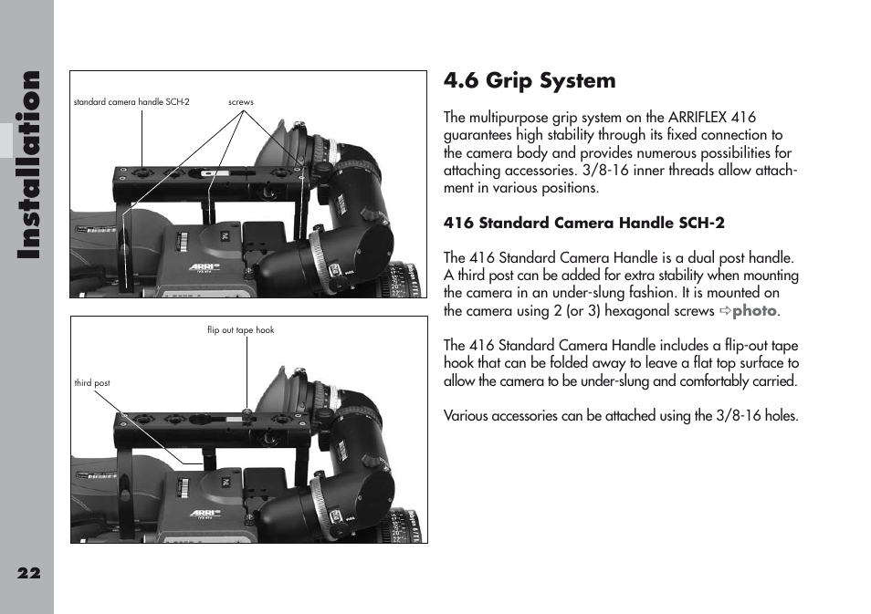 6 grip system, 416 standard camera handle sch-2 | ARRI ARRIFLEX 416 User Manual | Page 22 / 240