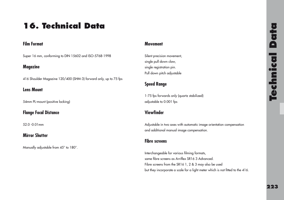 Technical data, Technical data, 1.technicaldata | ARRI ARRIFLEX 416 User Manual | Page 223 / 240