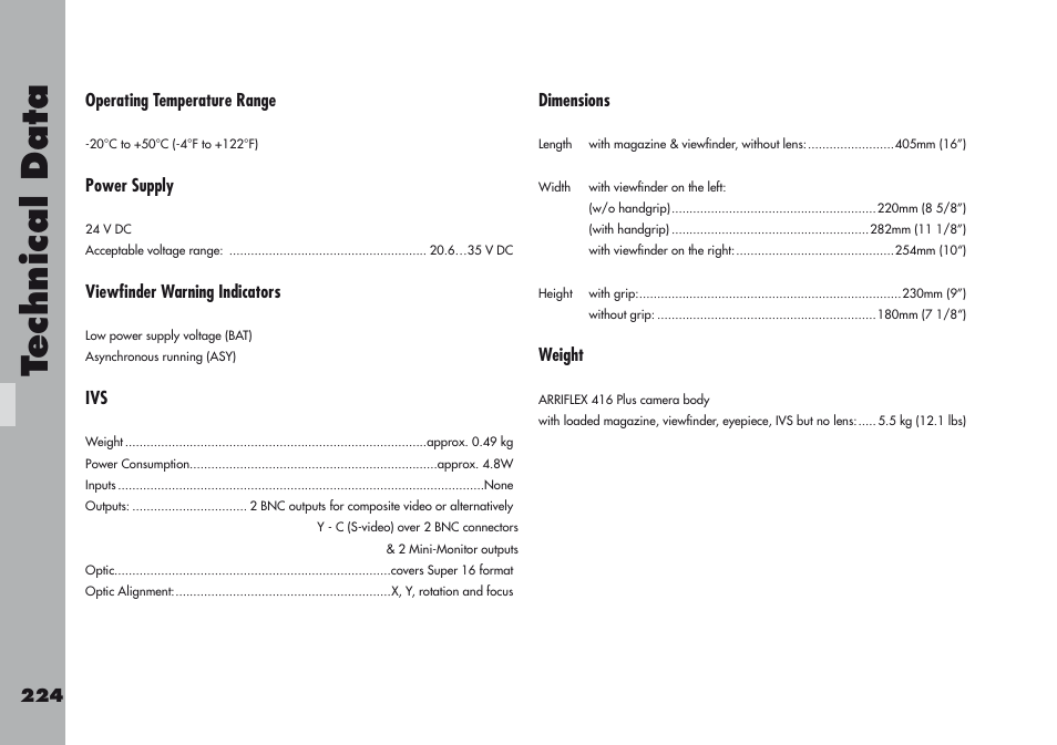 Technical data | ARRI ARRIFLEX 416 User Manual | Page 224 / 240