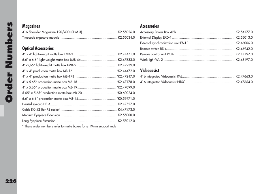 Order number s | ARRI ARRIFLEX 416 User Manual | Page 226 / 240