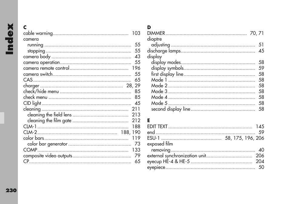 Index | ARRI ARRIFLEX 416 User Manual | Page 230 / 240