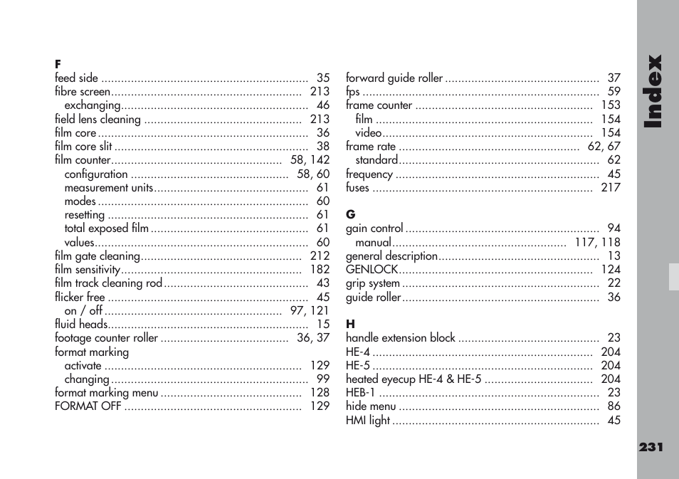 Index | ARRI ARRIFLEX 416 User Manual | Page 231 / 240