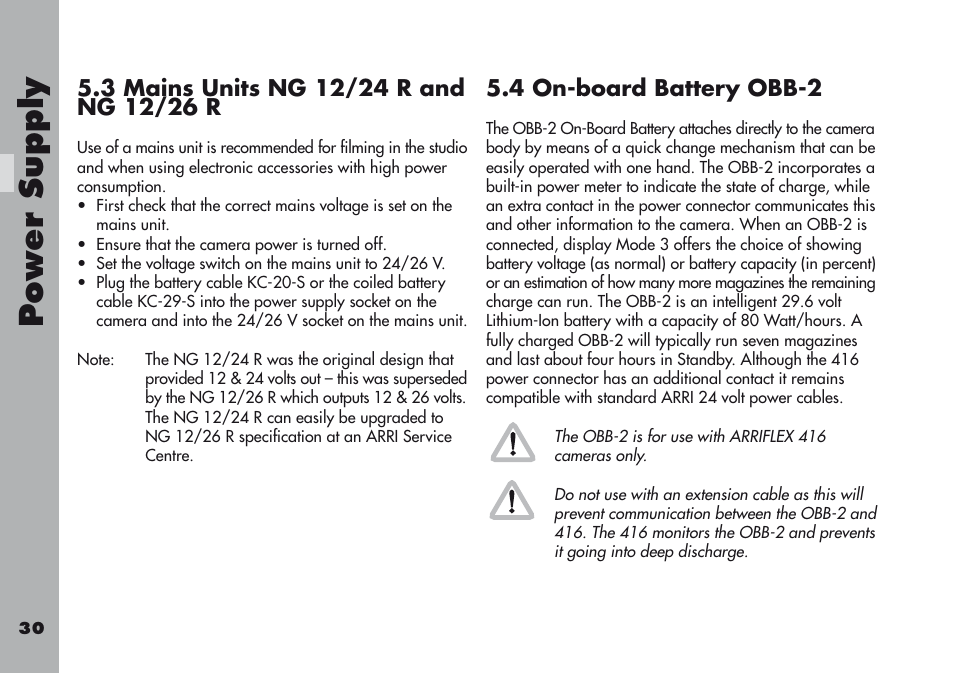 3 mains units ng 12/24 r and ng 12/26 r, 4 on-board battery obb-2, Power supply | ARRI ARRIFLEX 416 User Manual | Page 30 / 240