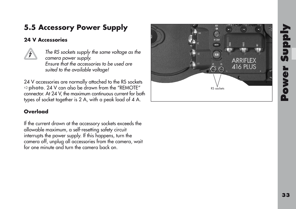 5 accessory power supply, 24 v accessories, Overload | Power supply | ARRI ARRIFLEX 416 User Manual | Page 33 / 240