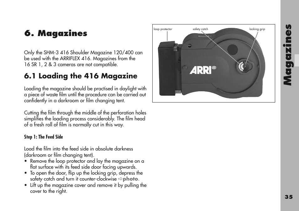 Magazines, 1 loading the 416 magazine, Magazine s | ARRI ARRIFLEX 416 User Manual | Page 35 / 240