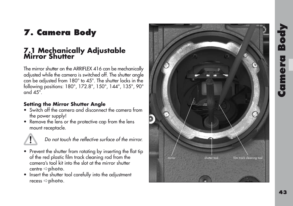 Camera body, 1 mechanically adjustable mirror shutter, Setting the mirror shutter angle | Camera body, Camerabody | ARRI ARRIFLEX 416 User Manual | Page 43 / 240