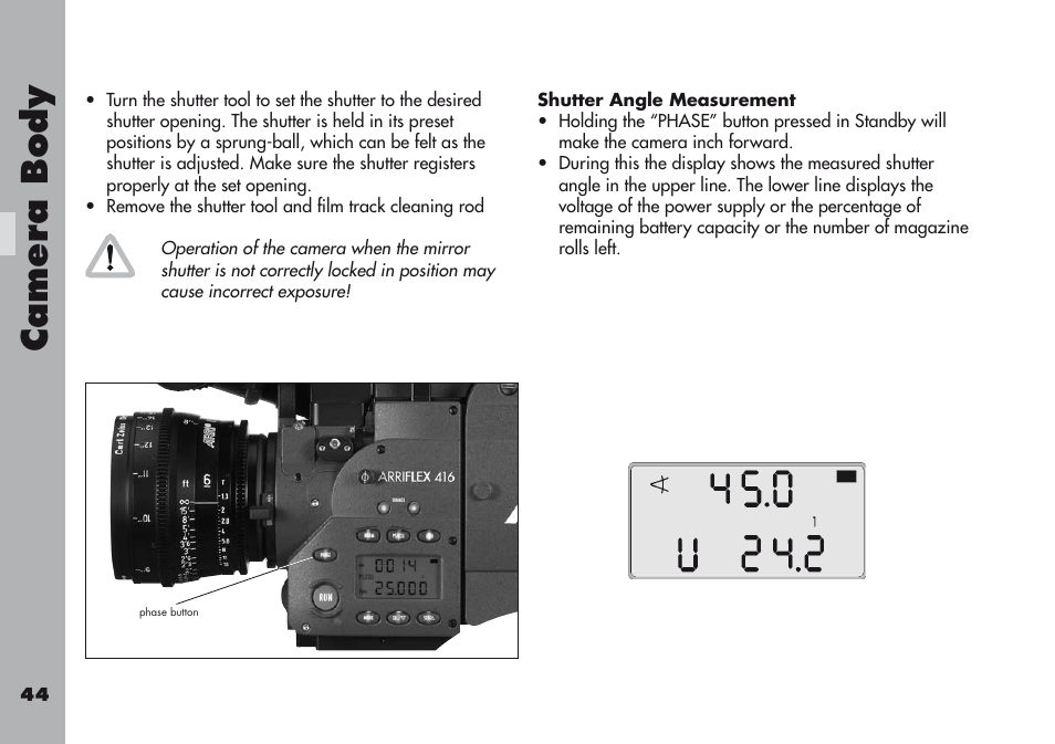 Shutter angle measurement, Camera body | ARRI ARRIFLEX 416 User Manual | Page 44 / 240