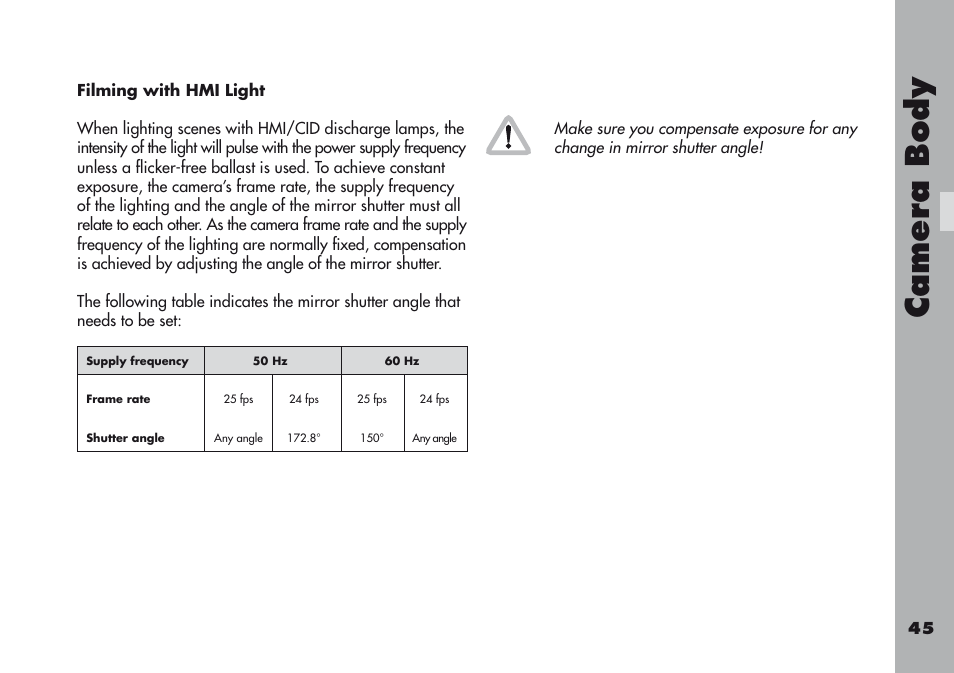 Filming with hmi light, Camera body | ARRI ARRIFLEX 416 User Manual | Page 45 / 240