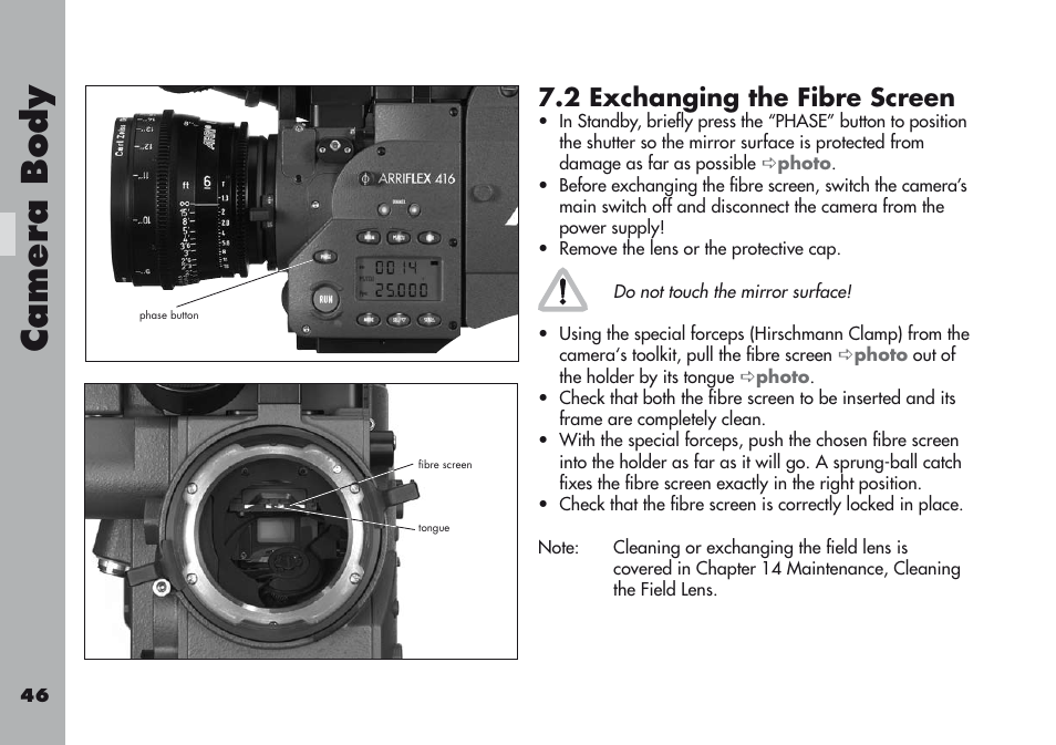 2 exchanging the fibre screen, Camera body | ARRI ARRIFLEX 416 User Manual | Page 46 / 240