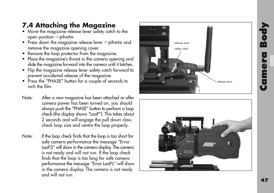 4 attaching the magazine, Camera body | ARRI ARRIFLEX 416 User Manual | Page 47 / 240