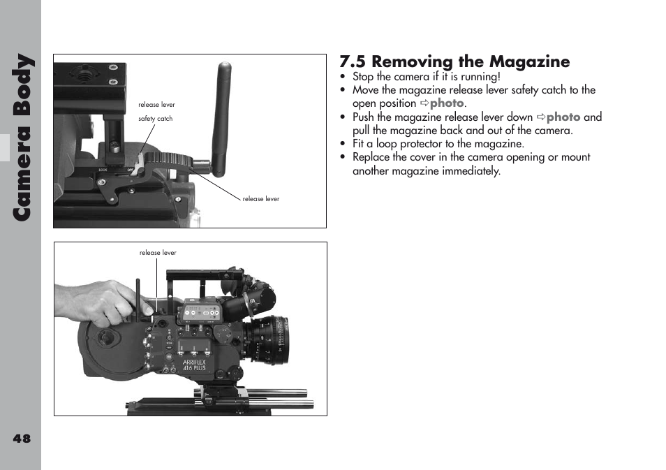 5 removing the magazine, Camera body | ARRI ARRIFLEX 416 User Manual | Page 48 / 240