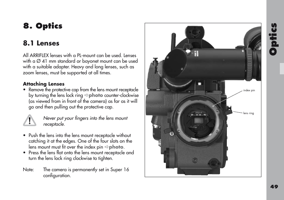 Optics, 1 lenses, Attaching lenses | Optic s | ARRI ARRIFLEX 416 User Manual | Page 49 / 240