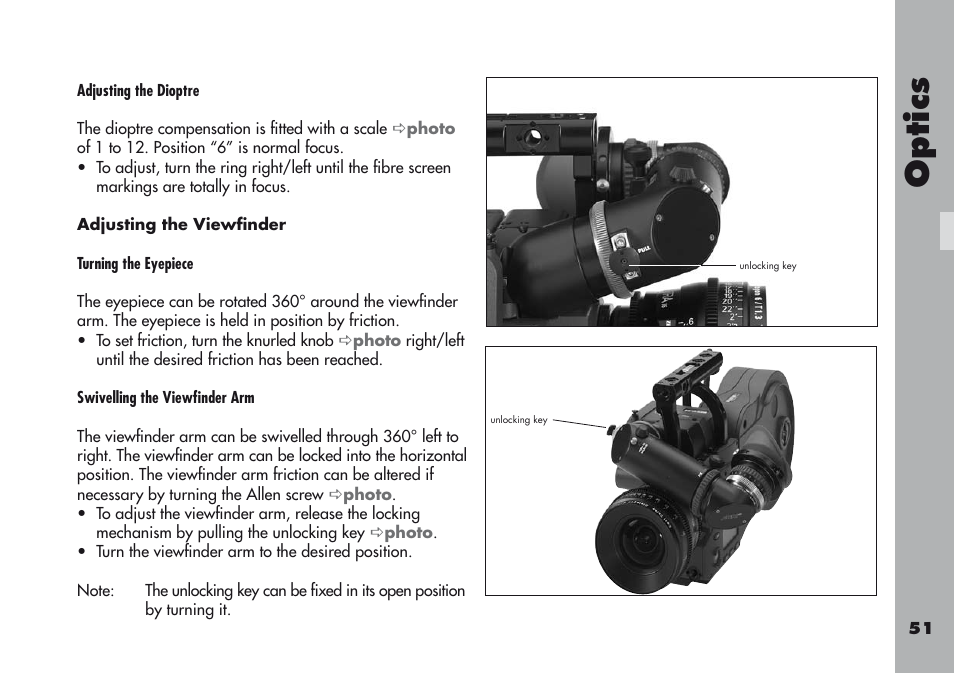 Adjusting the viewfinder, Optic s | ARRI ARRIFLEX 416 User Manual | Page 51 / 240
