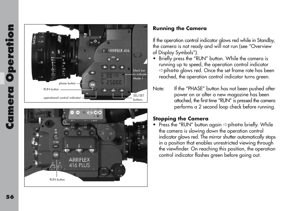 Running the camera, Stopping the camera, Camera operation | ARRI ARRIFLEX 416 User Manual | Page 56 / 240