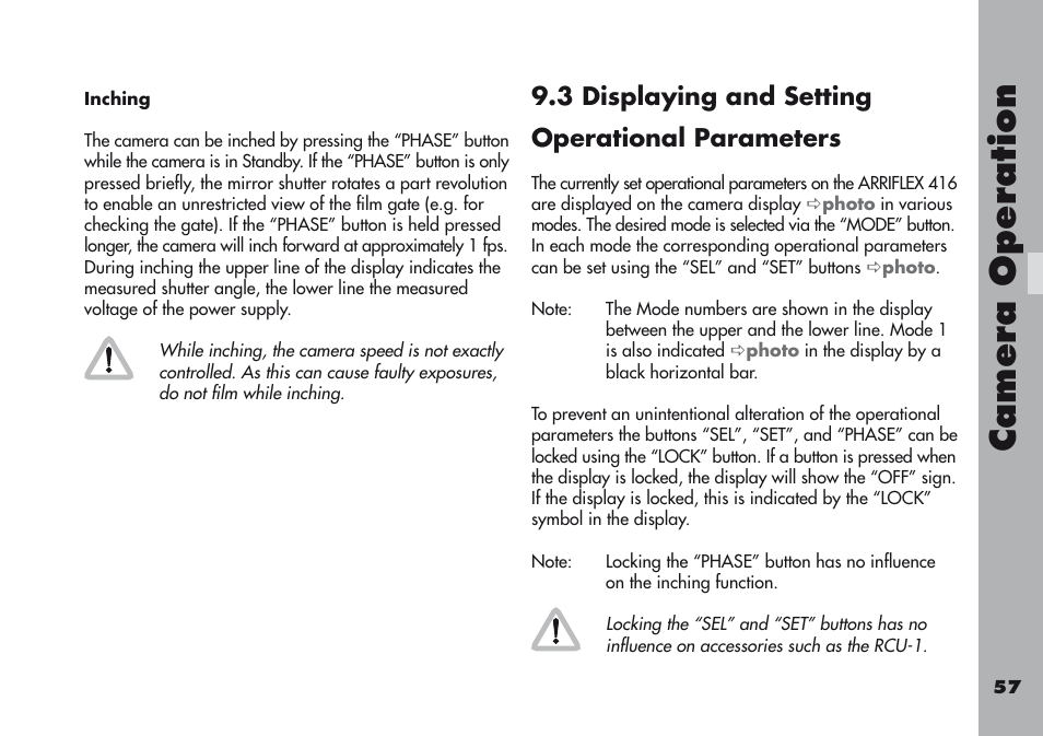 Inching, 3 displaying and setting operational parameters, Camera operation | ARRI ARRIFLEX 416 User Manual | Page 57 / 240