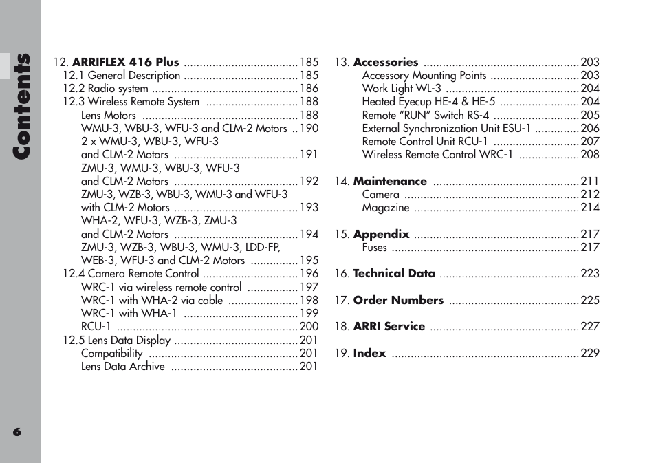 Content s | ARRI ARRIFLEX 416 User Manual | Page 6 / 240