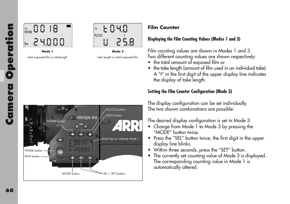 Film counter, Camera operation | ARRI ARRIFLEX 416 User Manual | Page 60 / 240