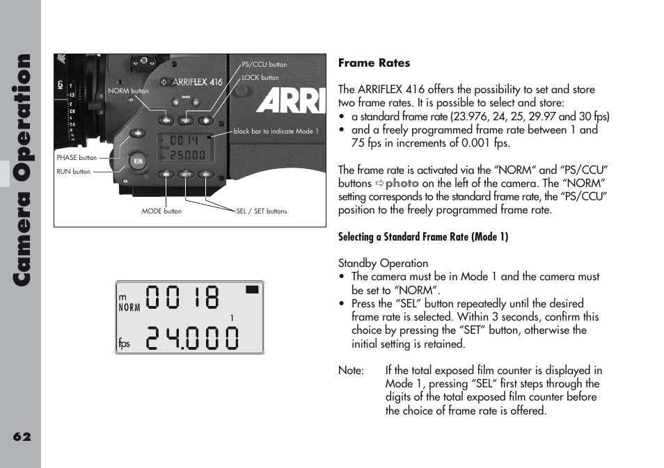 Frame rates, Camera operation | ARRI ARRIFLEX 416 User Manual | Page 62 / 240