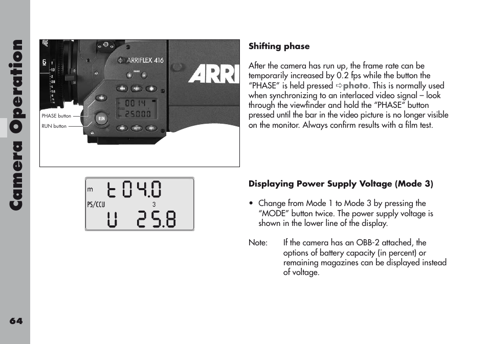 Shifting phase, Displaying power supply voltage (mode 3), Camera operation | ARRI ARRIFLEX 416 User Manual | Page 64 / 240