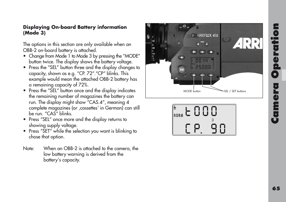 Displaying on-board battery information (mode 3), Camera operation | ARRI ARRIFLEX 416 User Manual | Page 65 / 240
