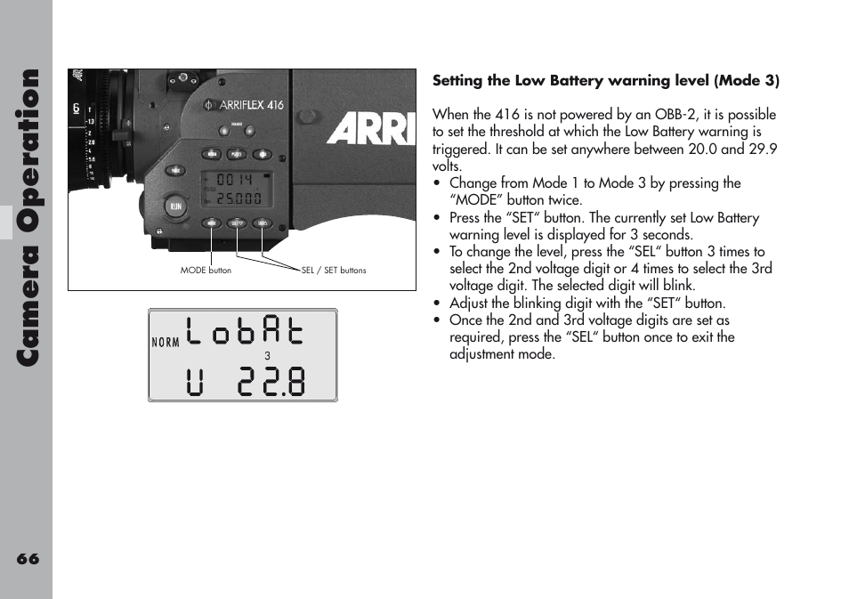 Setting the low battery warning level (mode 3), Camera operation | ARRI ARRIFLEX 416 User Manual | Page 66 / 240