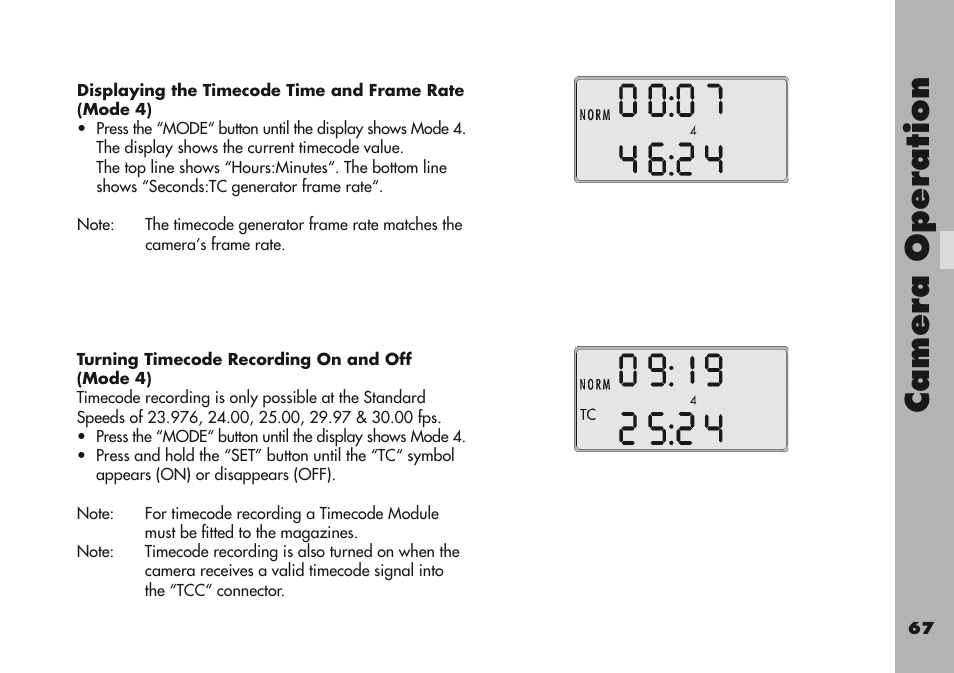 Turning timecode recording on and off (mode 4), Camera operation | ARRI ARRIFLEX 416 User Manual | Page 67 / 240