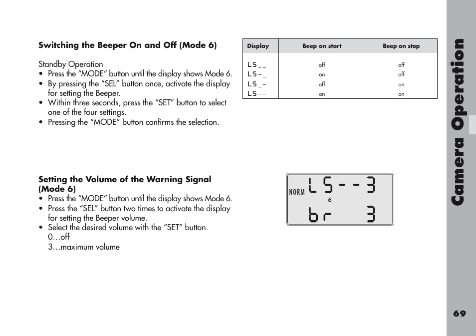 Switching the beeper on and off (mode 6), Setting the volume of the warning signal (mode 6), Camera operation | ARRI ARRIFLEX 416 User Manual | Page 69 / 240