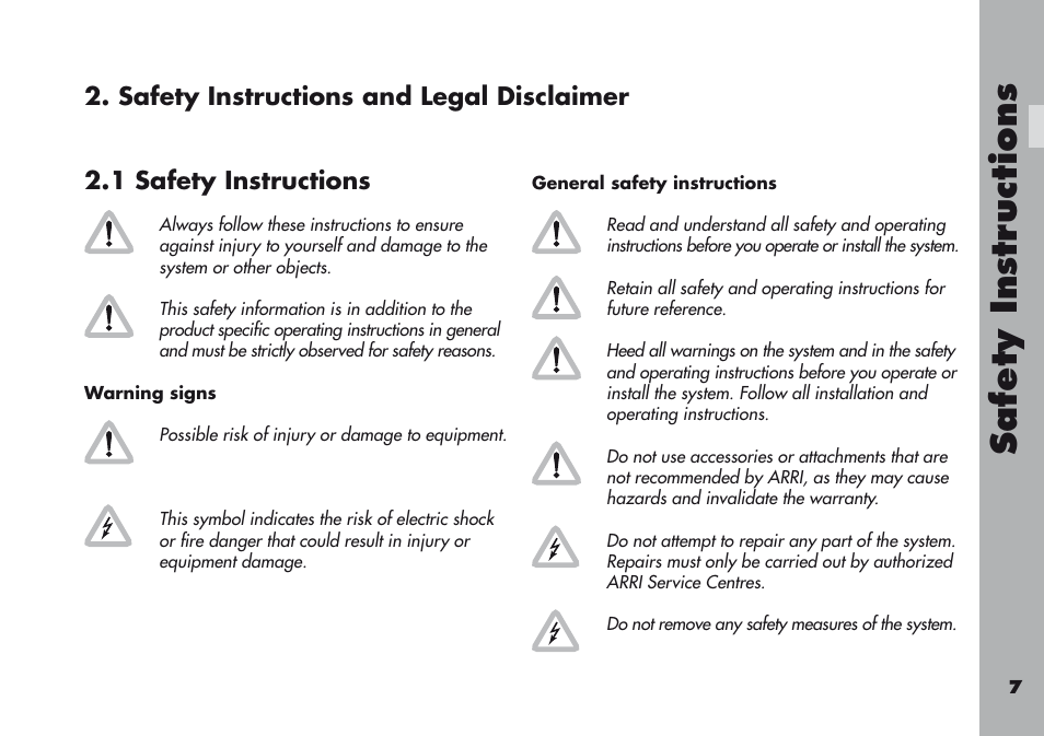 Safety instructions and legal disclaimer, 1 safety instructions, Warning signs | General safety instructions, Safety in str uction s | ARRI ARRIFLEX 416 User Manual | Page 7 / 240