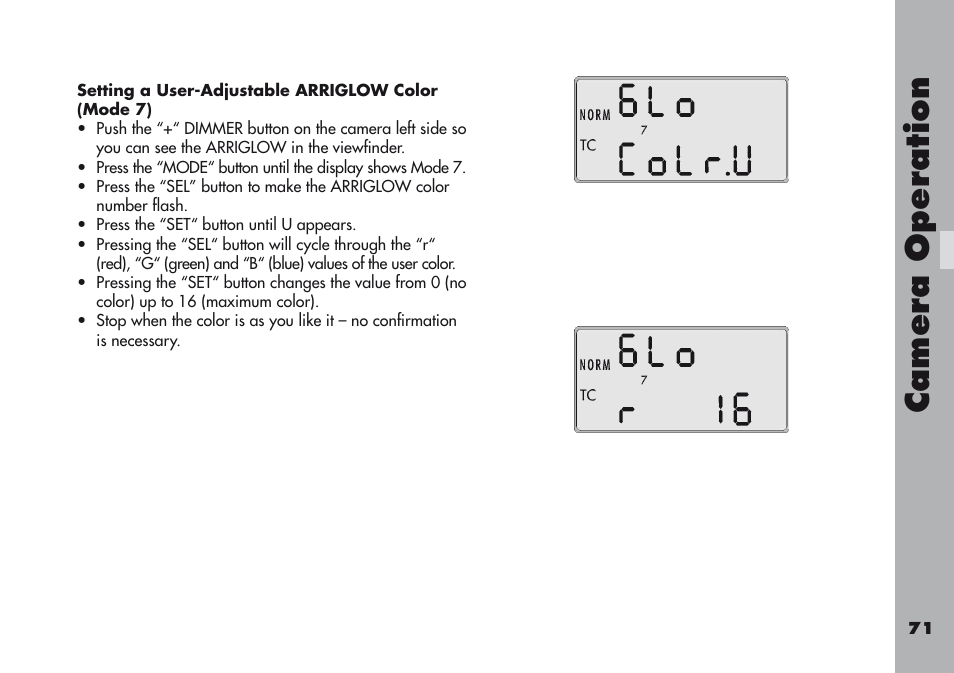 Setting a user-adjustable arriglow color (mode 7), Camera operation | ARRI ARRIFLEX 416 User Manual | Page 71 / 240