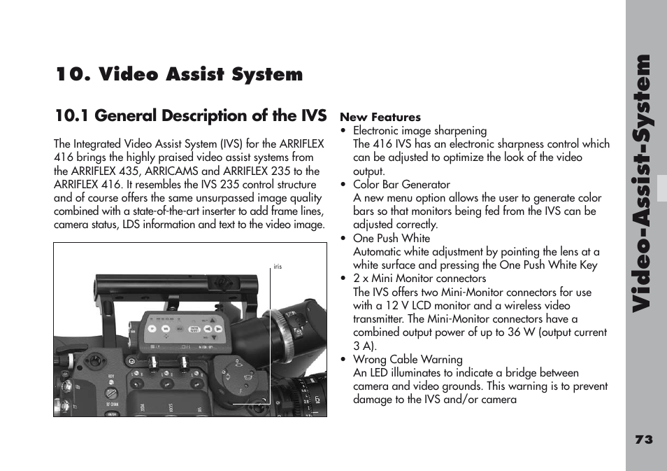 Video assist system, 1 general description of the ivs, New features | Video-a ss is t-sy stem, videoassistsystem | ARRI ARRIFLEX 416 User Manual | Page 73 / 240