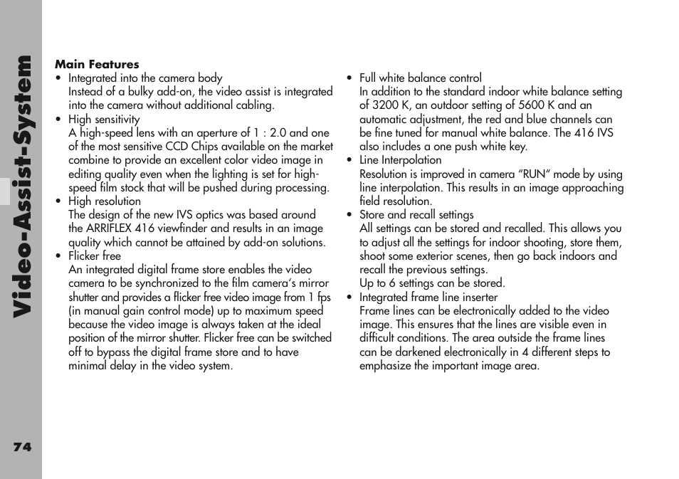 Main features, Video-a ss is t-sy stem | ARRI ARRIFLEX 416 User Manual | Page 74 / 240