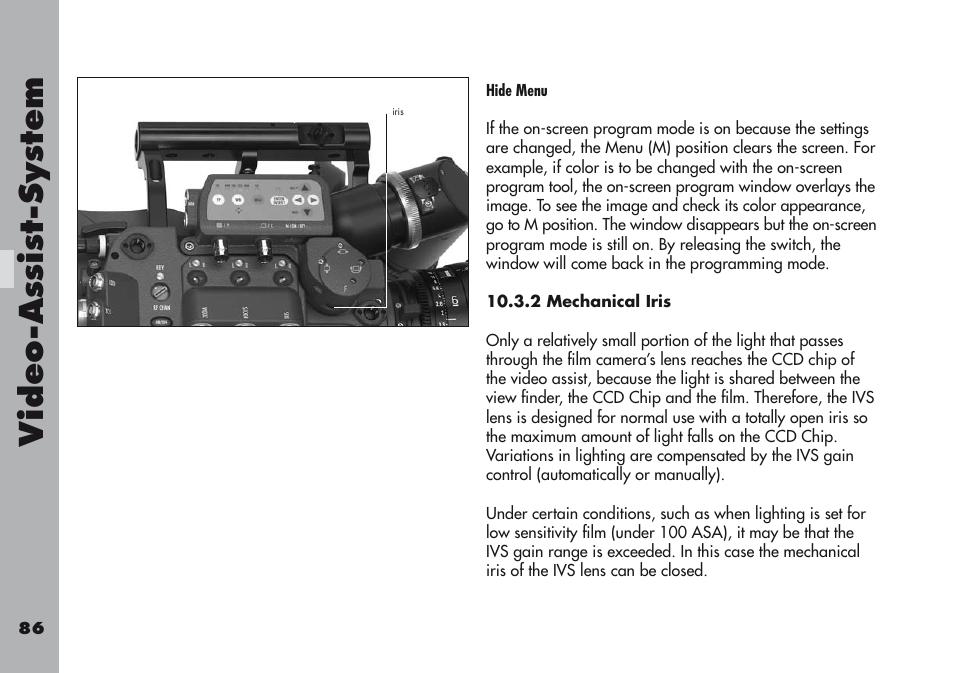 2 mechanical iris, Video-a ss is t-sy stem | ARRI ARRIFLEX 416 User Manual | Page 86 / 240