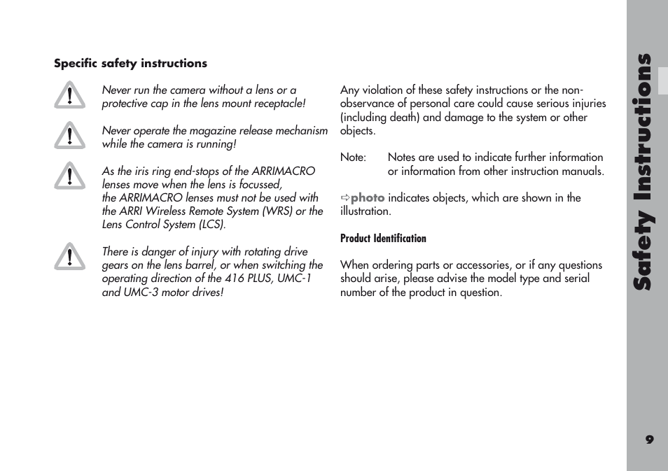 Specific safety instructions, Safety in str uction s | ARRI ARRIFLEX 416 User Manual | Page 9 / 240