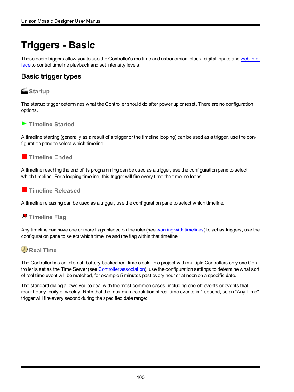 Triggers - basic, Basic trigger types, Startup | Timeline started, Timeline ended, Timeline released, Timeline flag, Real time, Basic, Triggers | ETC Unison Mosaic Designer v1.11.0 User Manual | Page 100 / 252