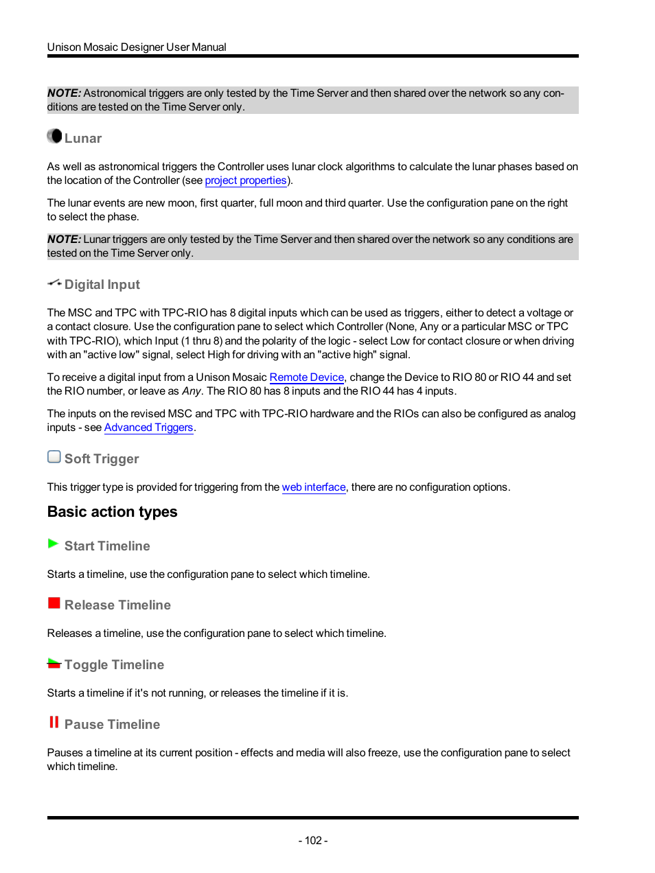 Lunar, Digital input, Soft trigger | Basic action types, Start timeline, Release timeline, Toggle timeline, Pause timeline | ETC Unison Mosaic Designer v1.11.0 User Manual | Page 102 / 252
