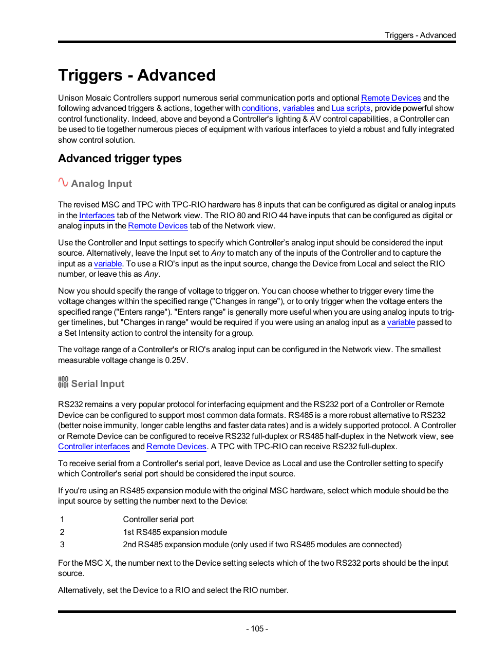 Triggers - advanced, Advanced trigger types, Analog input | Serial input, Advanced triggers, Advanced | ETC Unison Mosaic Designer v1.11.0 User Manual | Page 105 / 252