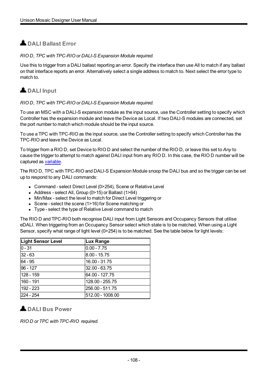 Dali ballast error, Dali input, Dali bus power | ETC Unison Mosaic Designer v1.11.0 User Manual | Page 108 / 252