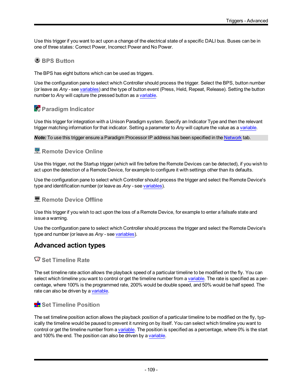 Bps button, Paradigm indicator, Remote device online | Remote device offline, Advanced action types, Set timeline rate, Set timeline position | ETC Unison Mosaic Designer v1.11.0 User Manual | Page 109 / 252