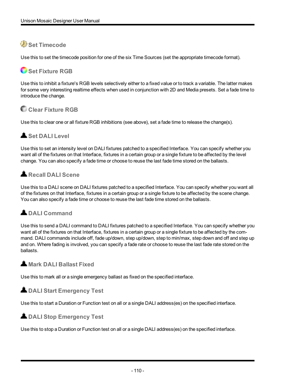 Set timecode, Set fixture rgb, Clear fixture rgb | Set dali level, Recall dali scene, Dali command, Mark dali ballast fixed, Dali start emergency test, Dali stop emergency test | ETC Unison Mosaic Designer v1.11.0 User Manual | Page 110 / 252